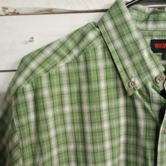 Wolverine Button Down Shirt Mens Large Green Cotton Blend Plaid Short Sleeve - Picture 2 of 9